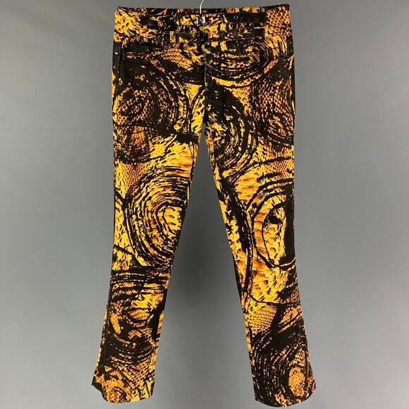 JUST CAVALLI Size 29 Yellow Black Graphic Print Cotton Zip Casual Pants - Picture 1 of 7